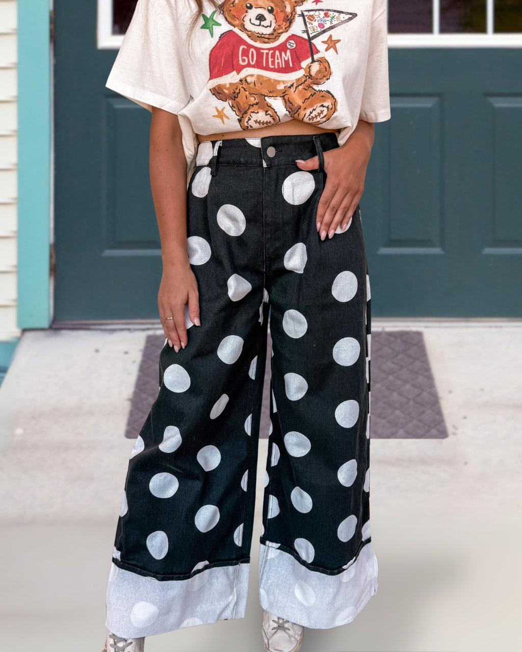 Polka Dot Roll Up Denim Pants