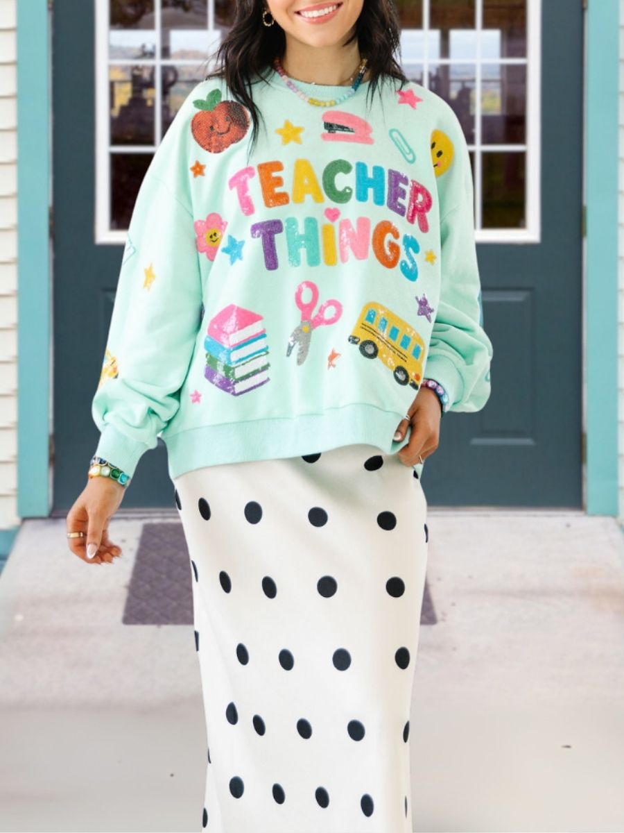 Teacher Things Cartoon Sequin Pullover