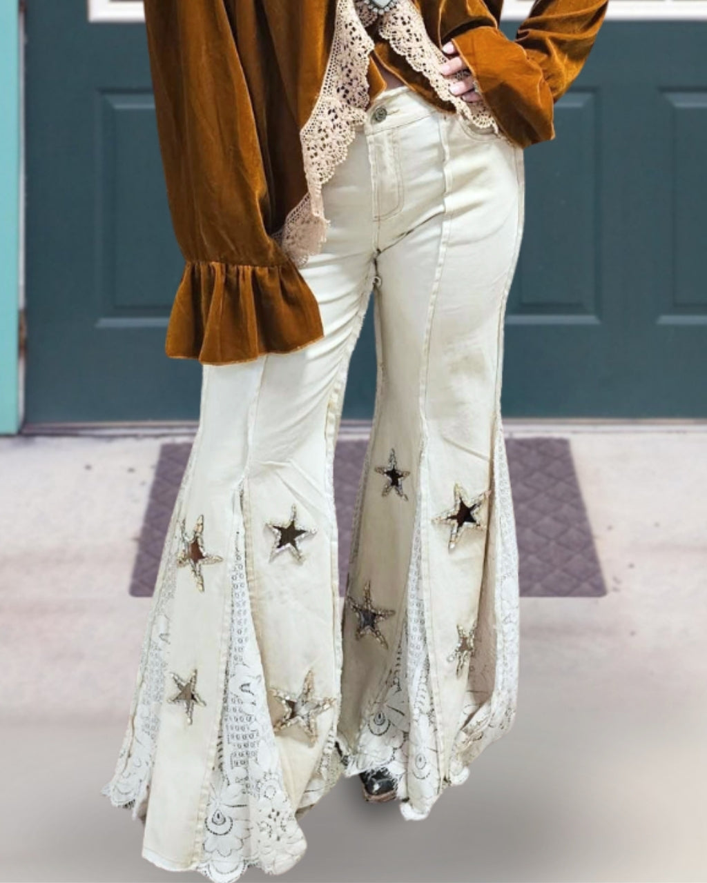 Star Rhinestone Lace Patchwork Flared Pants
