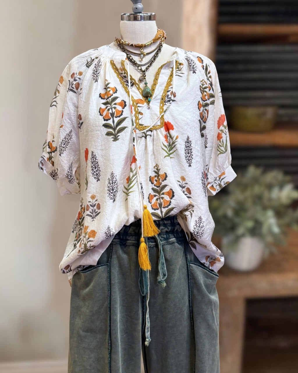 Embroidered V-neck Drawstring Top