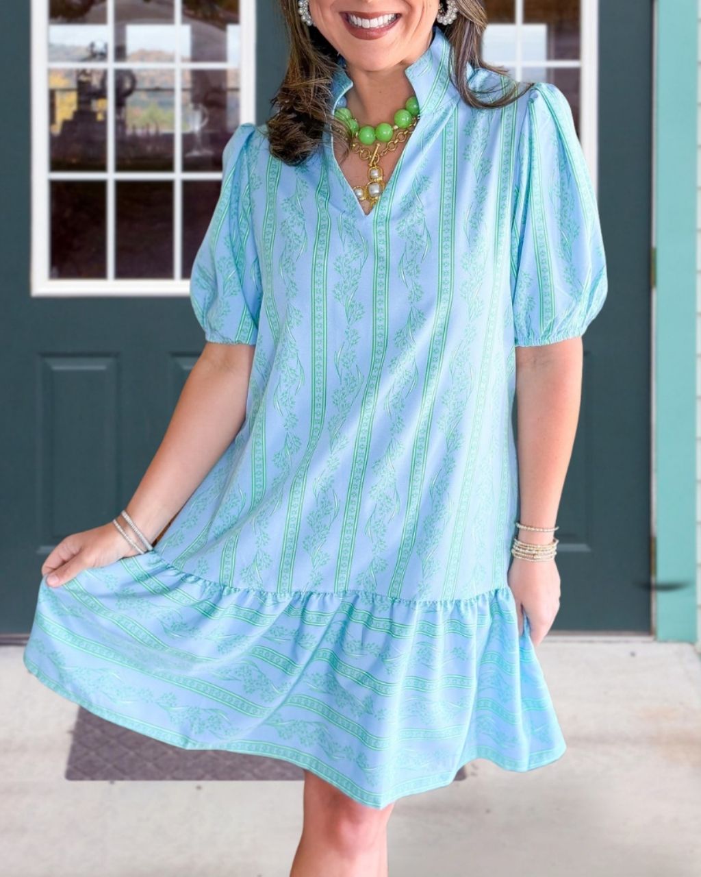 Floral-Print Striped V-Neck Dress
