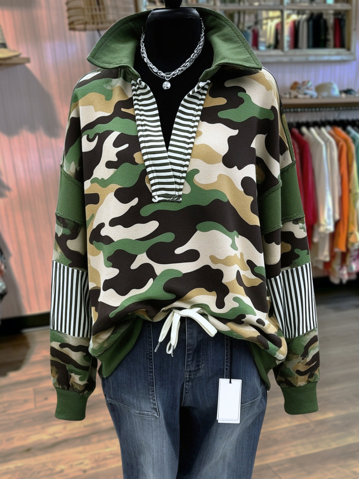 Camouflage Striped Color-Blocked Pullover