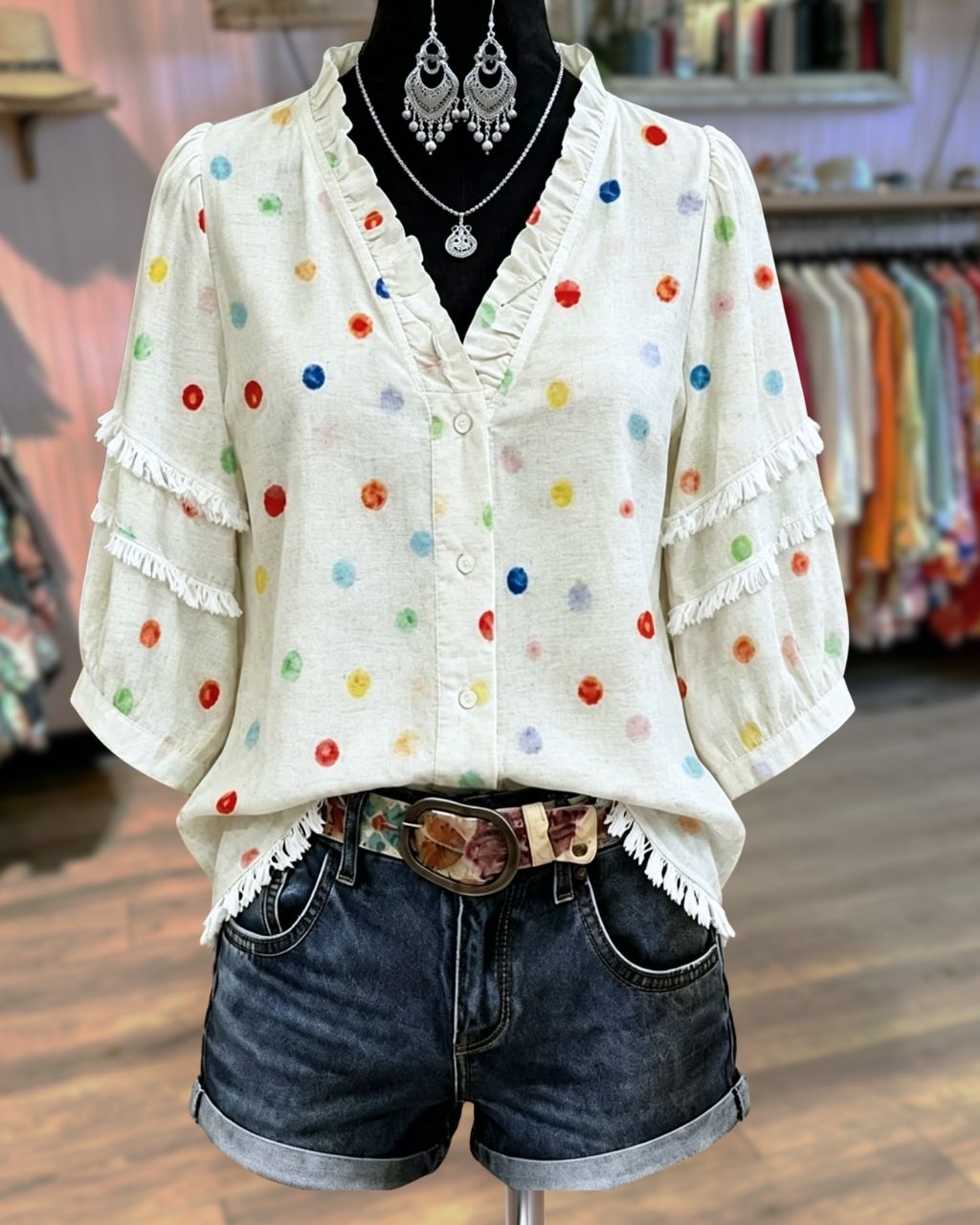 Multicolor Polka-Dot Cotton-Linen Top