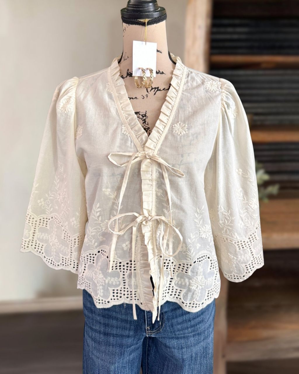 Floral Embroidered Tie-Front Top