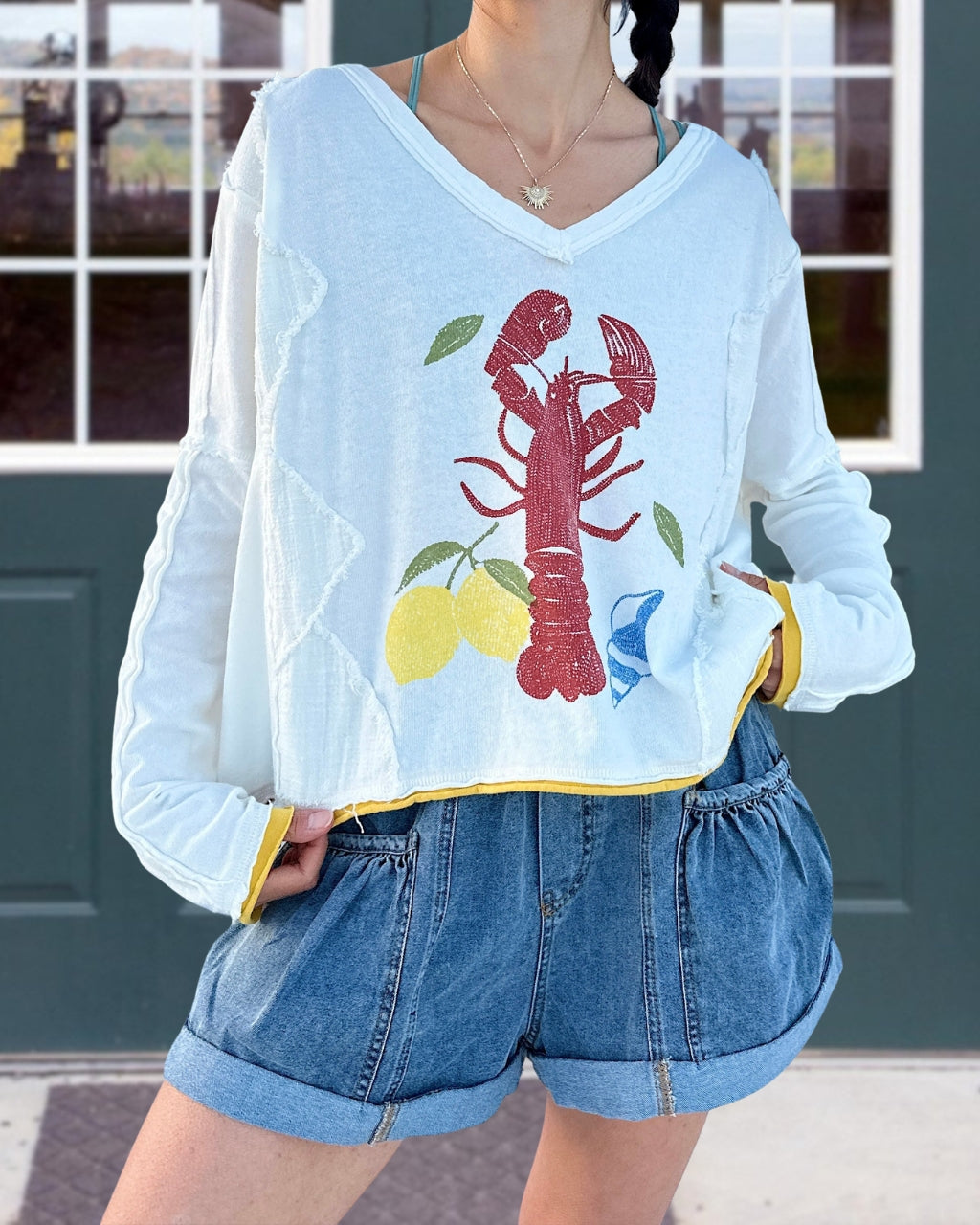 Lobster Embroidered V-Neck Top