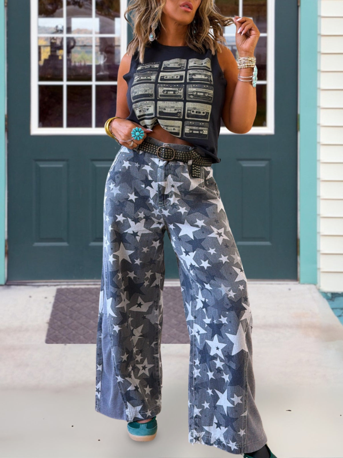All-Over Star Print Wide Leg Jeans