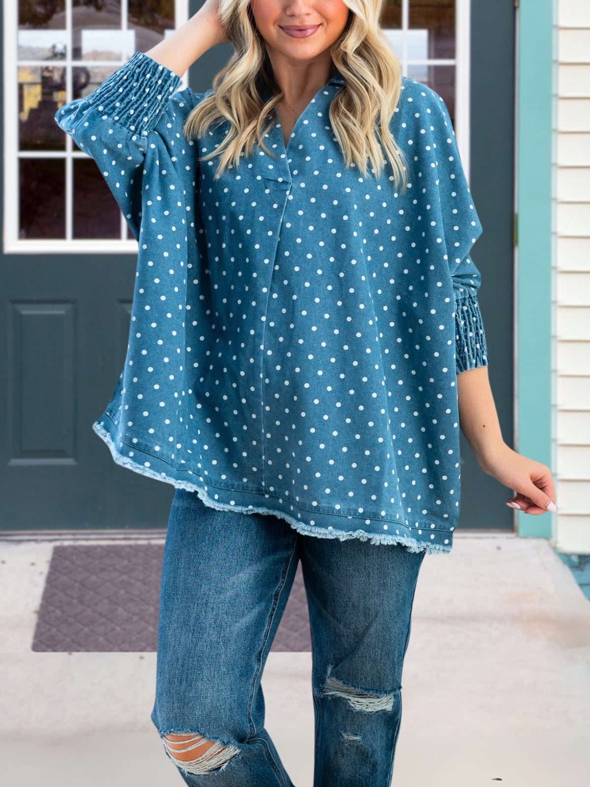 Loose Fitting Polka Dot Denim Top