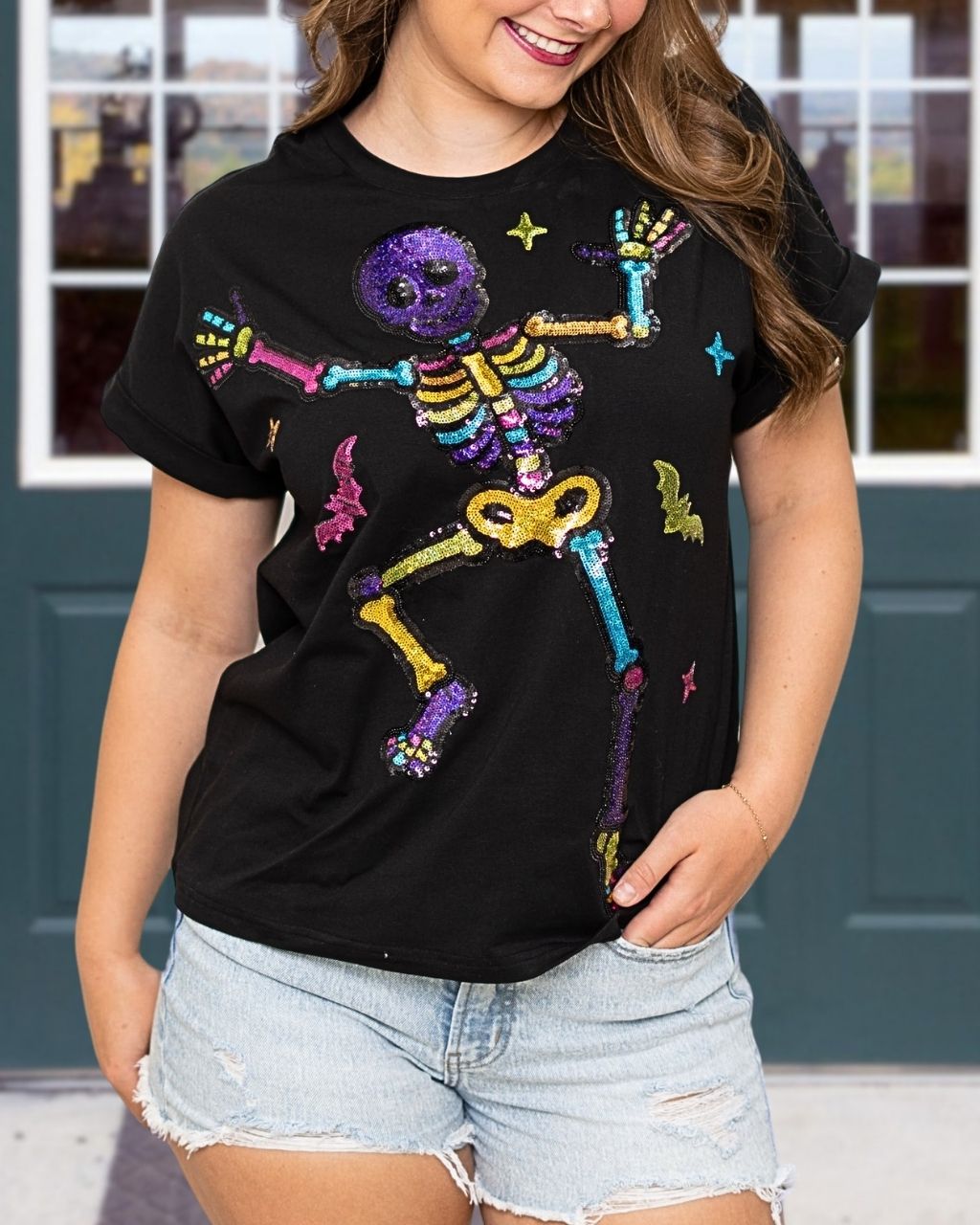 Halloween Skull Bat Star Sequin T-shirt
