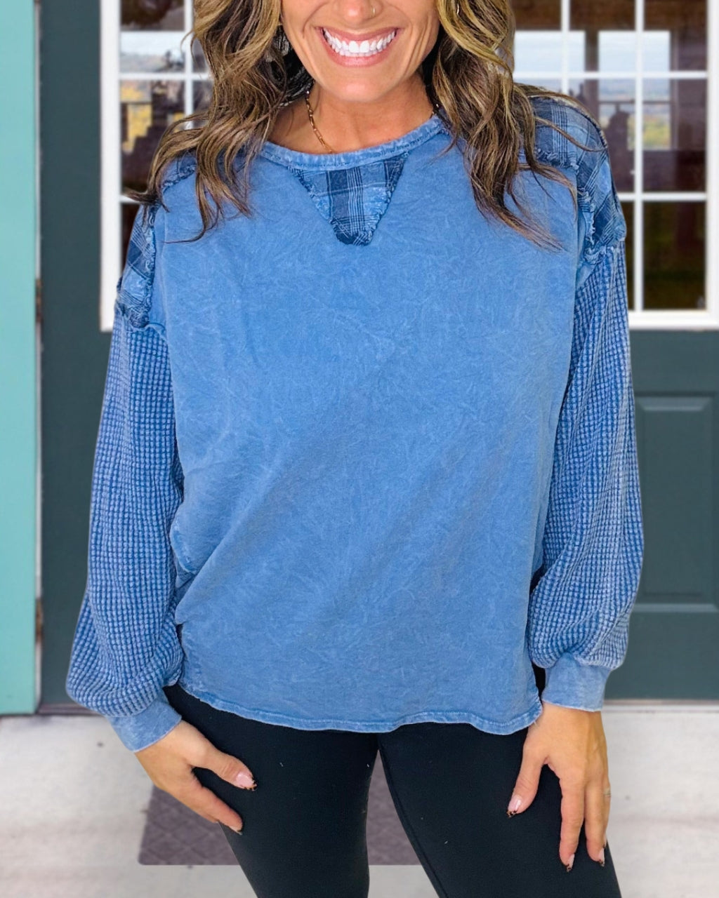 Plaid Waffle Colorblock Washed Sweatshirt