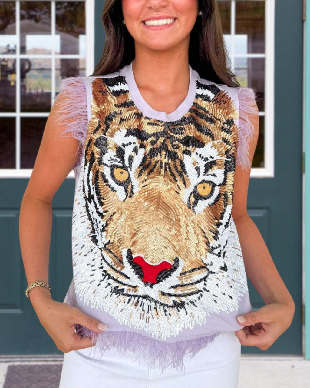 Feather Trim Tiger Sequin Vest