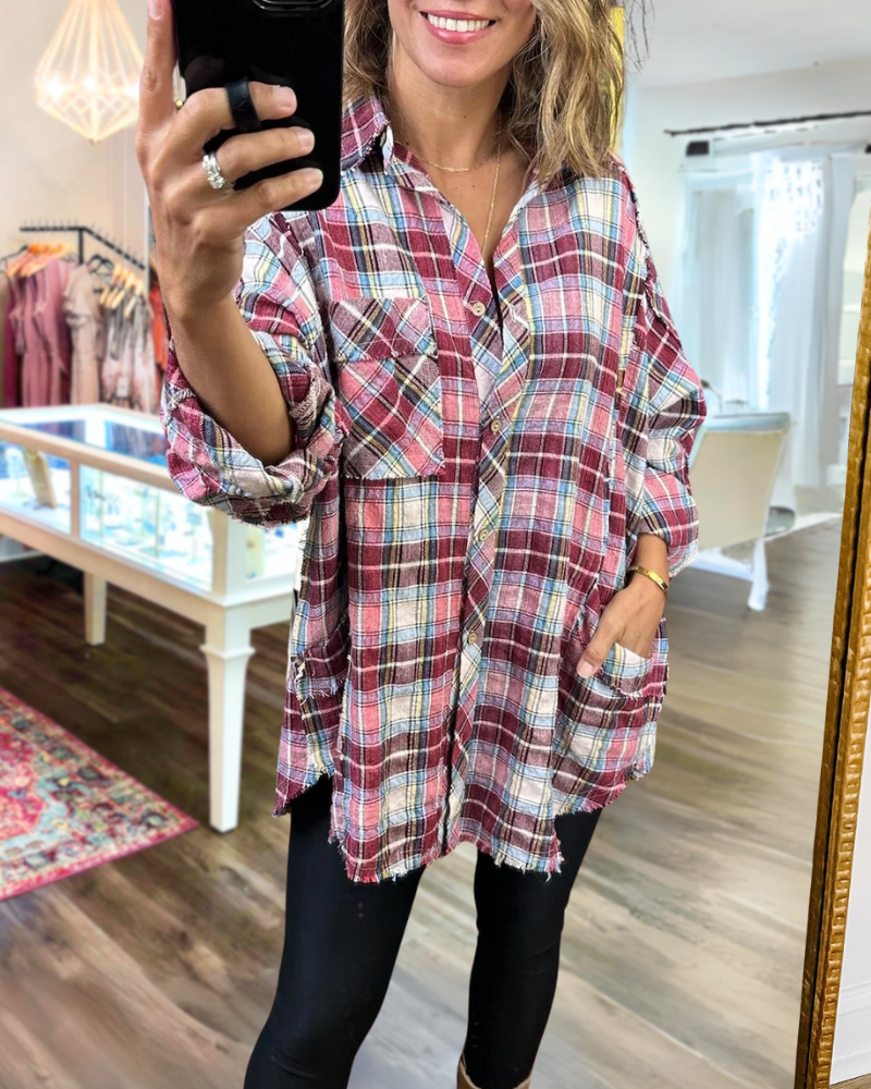 Frayed Hem Plaid Shirt