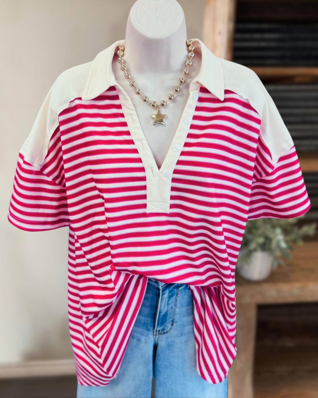 Striped Patchwork V-neck Top