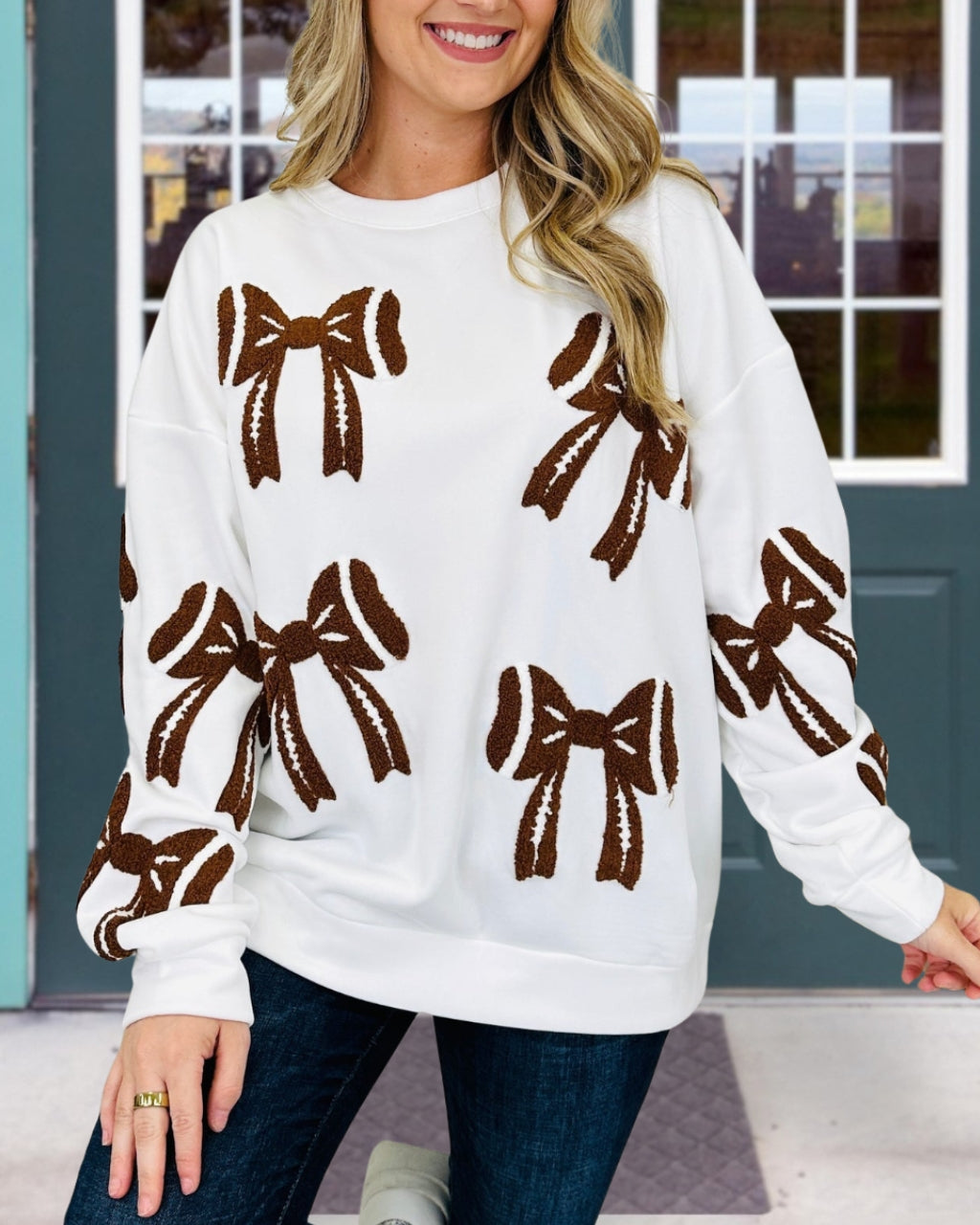 Embroidered Bow Football Decorated Sweatshirt