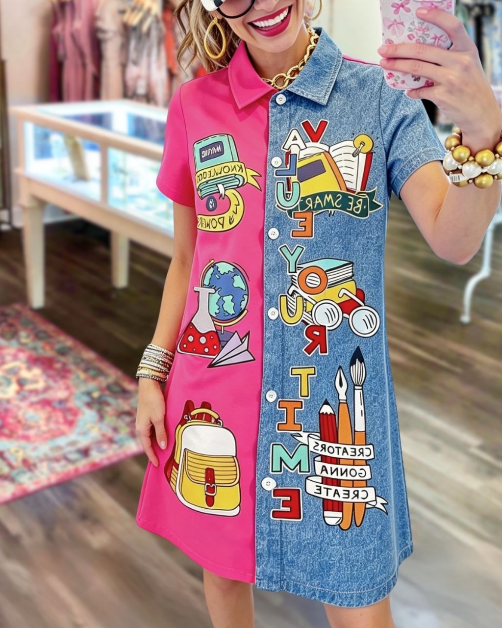 School Supplies Denim Patchwork Shirt Dress