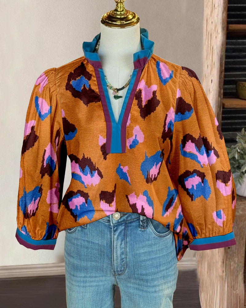 Abstract Leopard Puff Sleeve Top