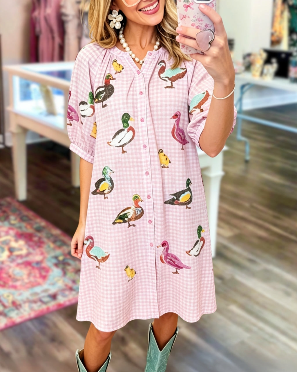 Mallard Duck Sequined Plaid Shirt Dress
