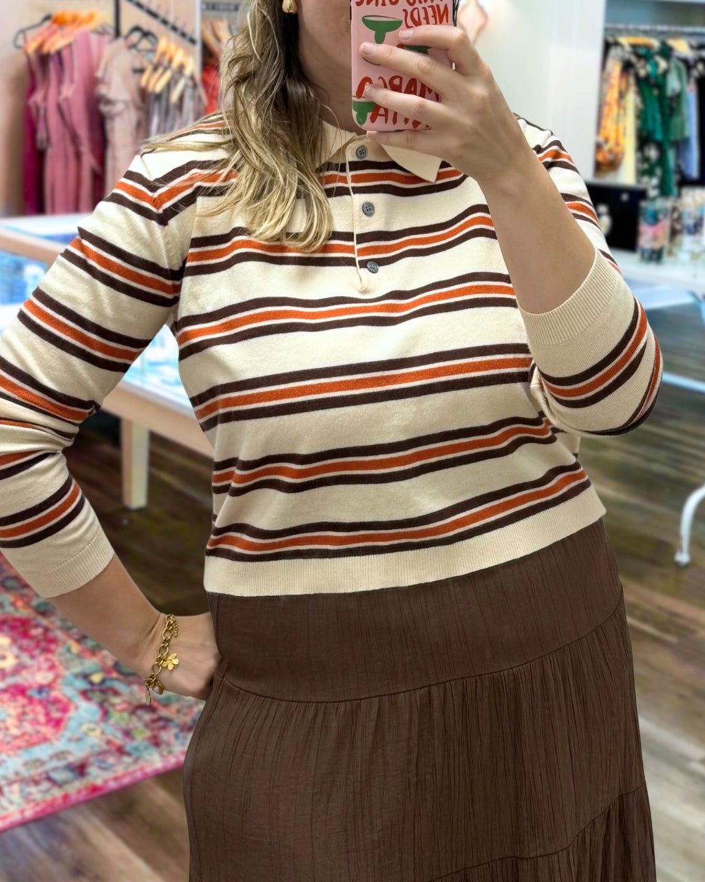 Chic Tricolor Striped Polo Top