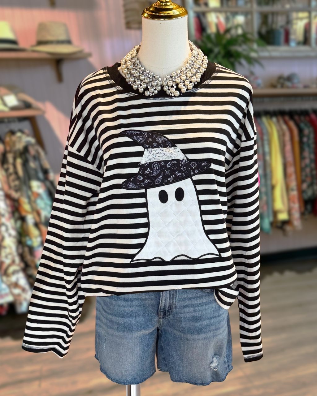 Halloween Ghost Striped Embroidery Top