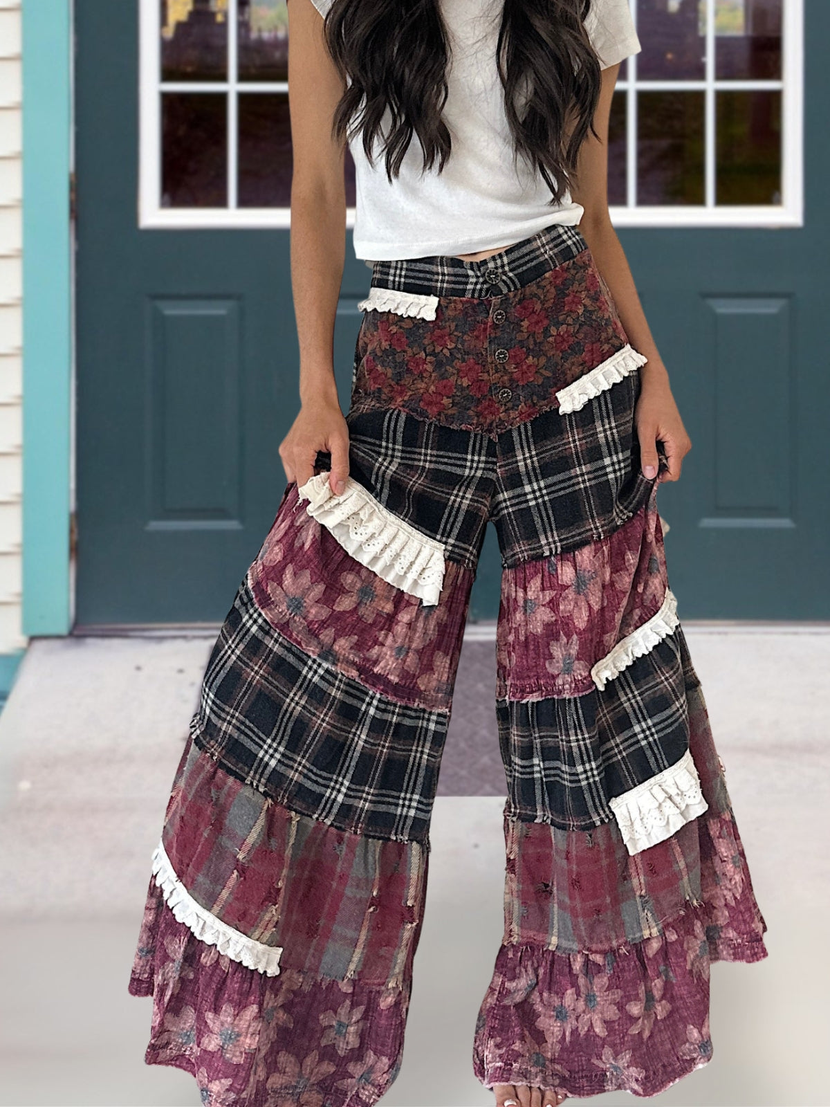 Stylish Floral Plaid Patch Ruffled Pants