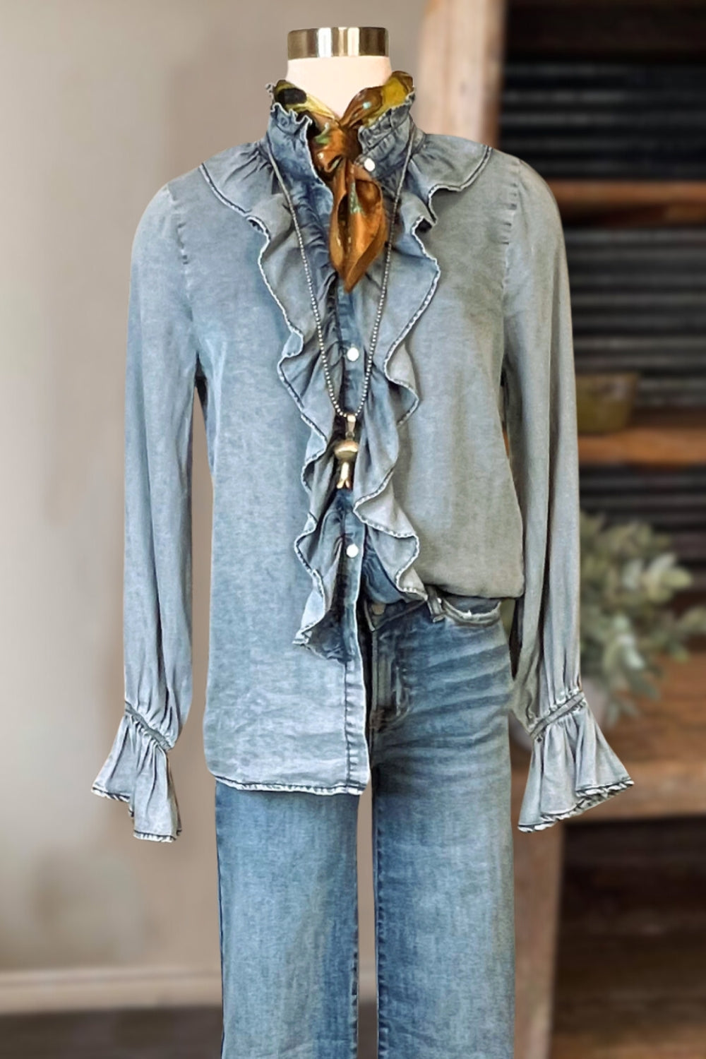 Ruffle Tencel Denim Shirt