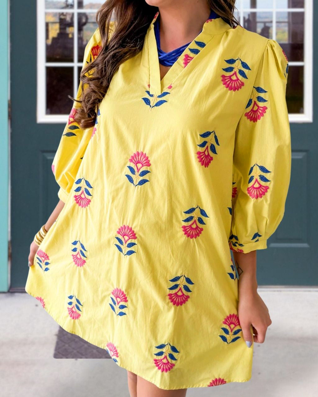 Floral Embroidered V-neck Poplin Dress