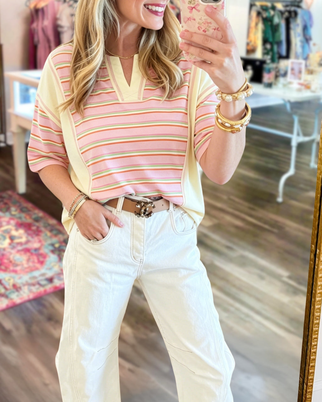 Striped Patchwork V-Neck T-Shirt