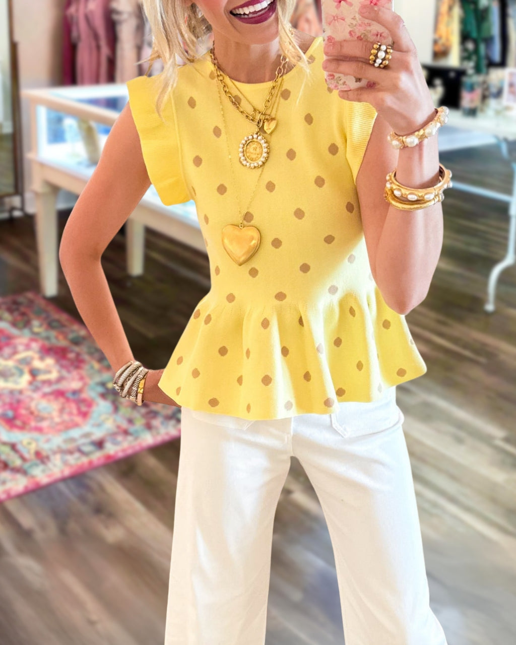 Polka-Dot Ribbed Trim Top