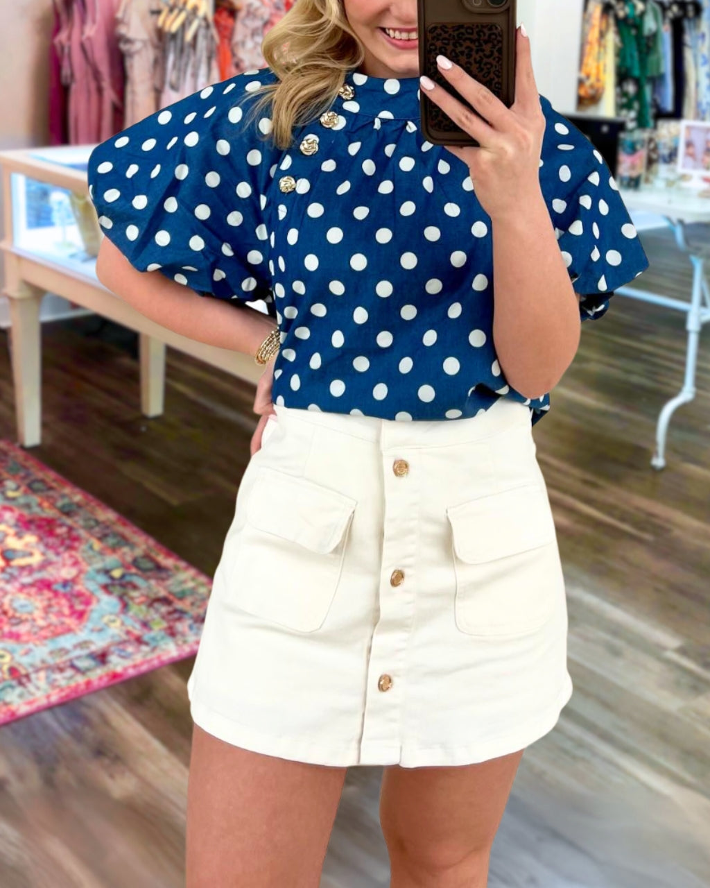 Polka-Dot  Puff Sleeves Satin Top