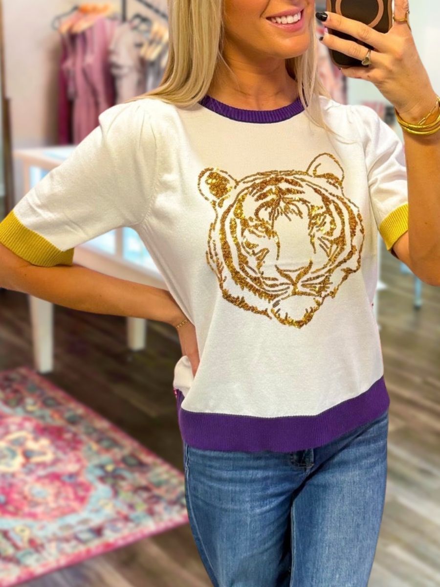 Game Day Sequined Tiger Color-Block Top