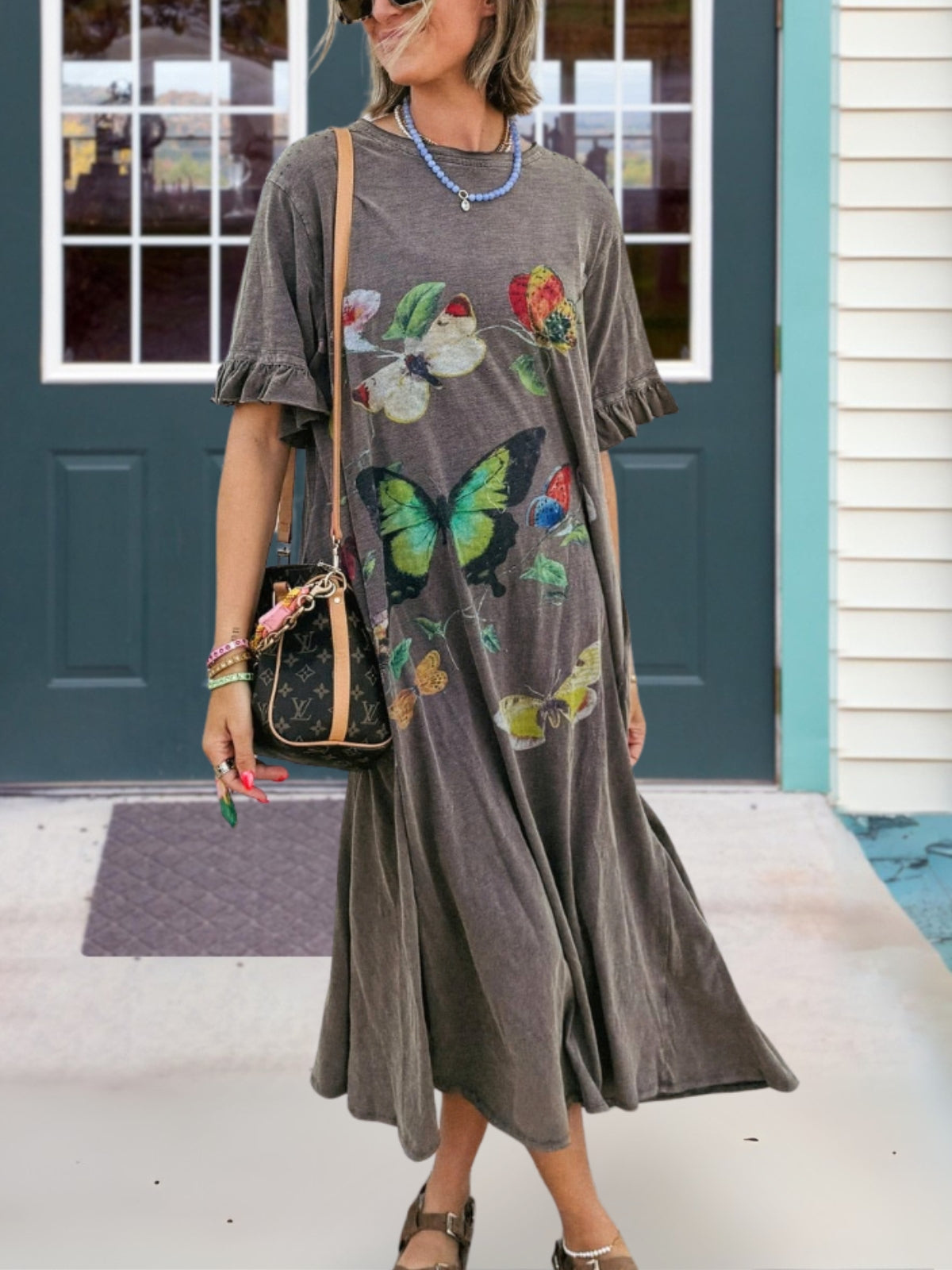 Butterfly Print Washed Distressed Dress