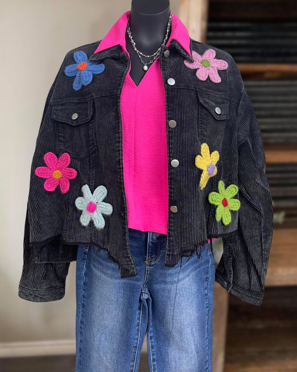 Crochet Flower Corduroy Jacket