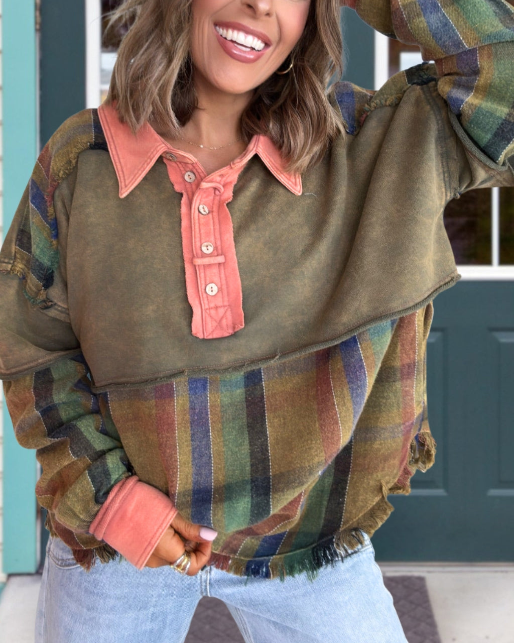 Fun Plaid Washed Raw Hem Pullover