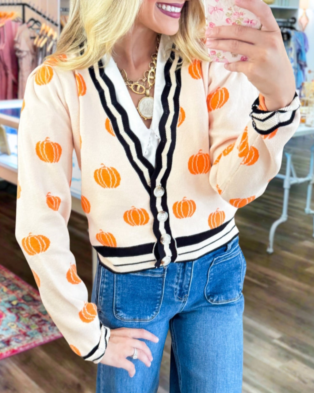 Pumpkin Print Knitted Cardigan