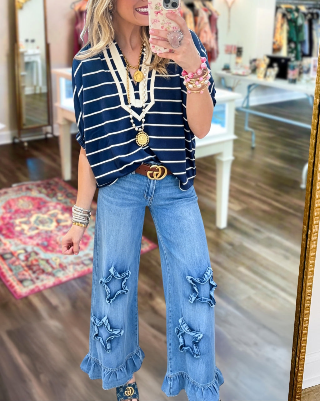 Star Patch Ruffled Denim Pants