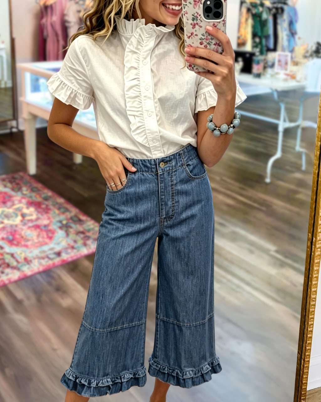 Stylish Ruffled-Hem Denim Pants