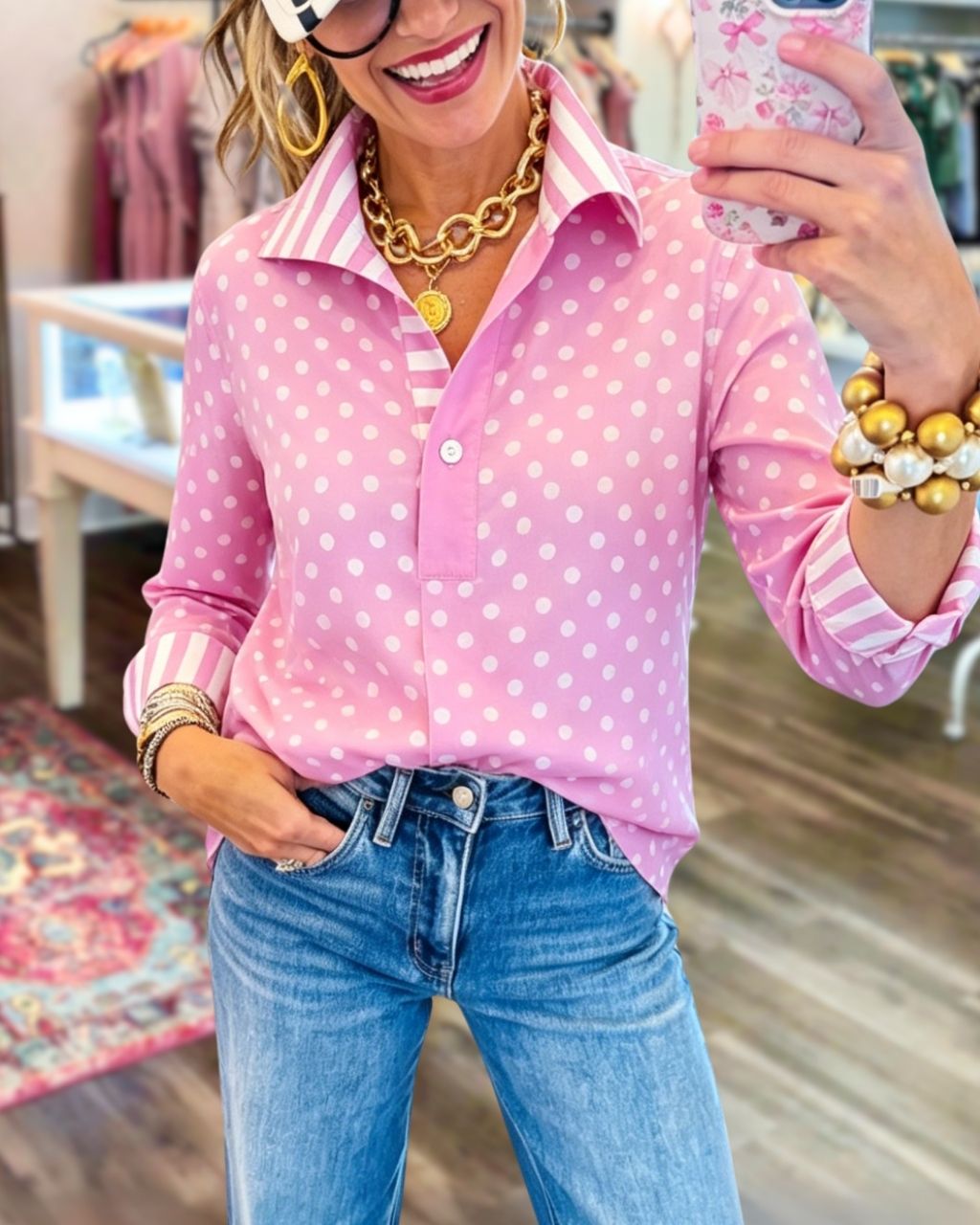 Polka Dot Striped Collar Satin Top