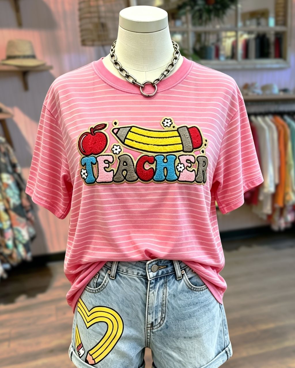TEACHER Pencil Embroidered Striped Tee