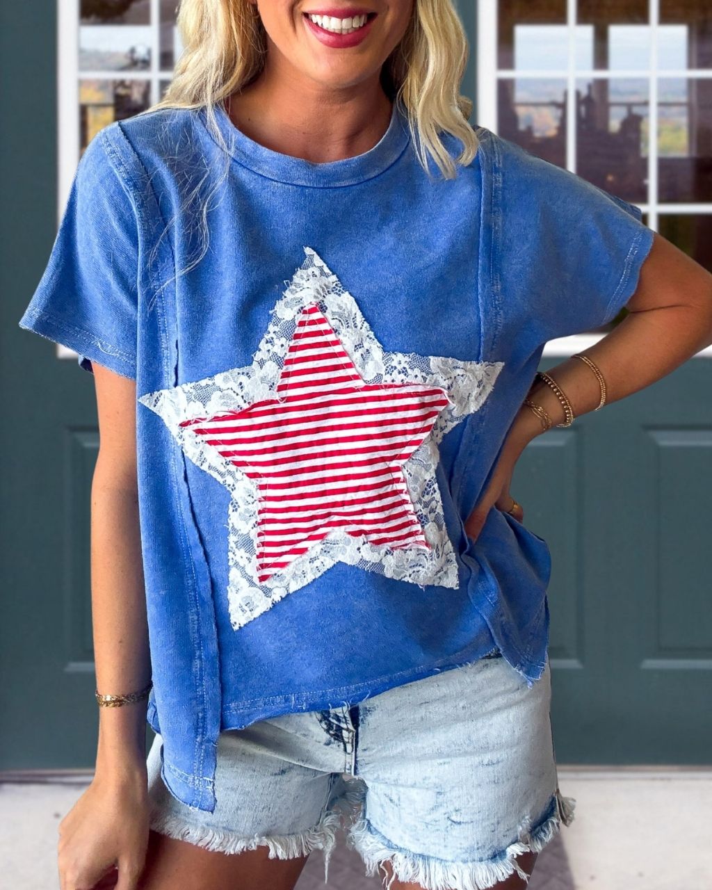 Star Embroidered Patch Lace Trim Top