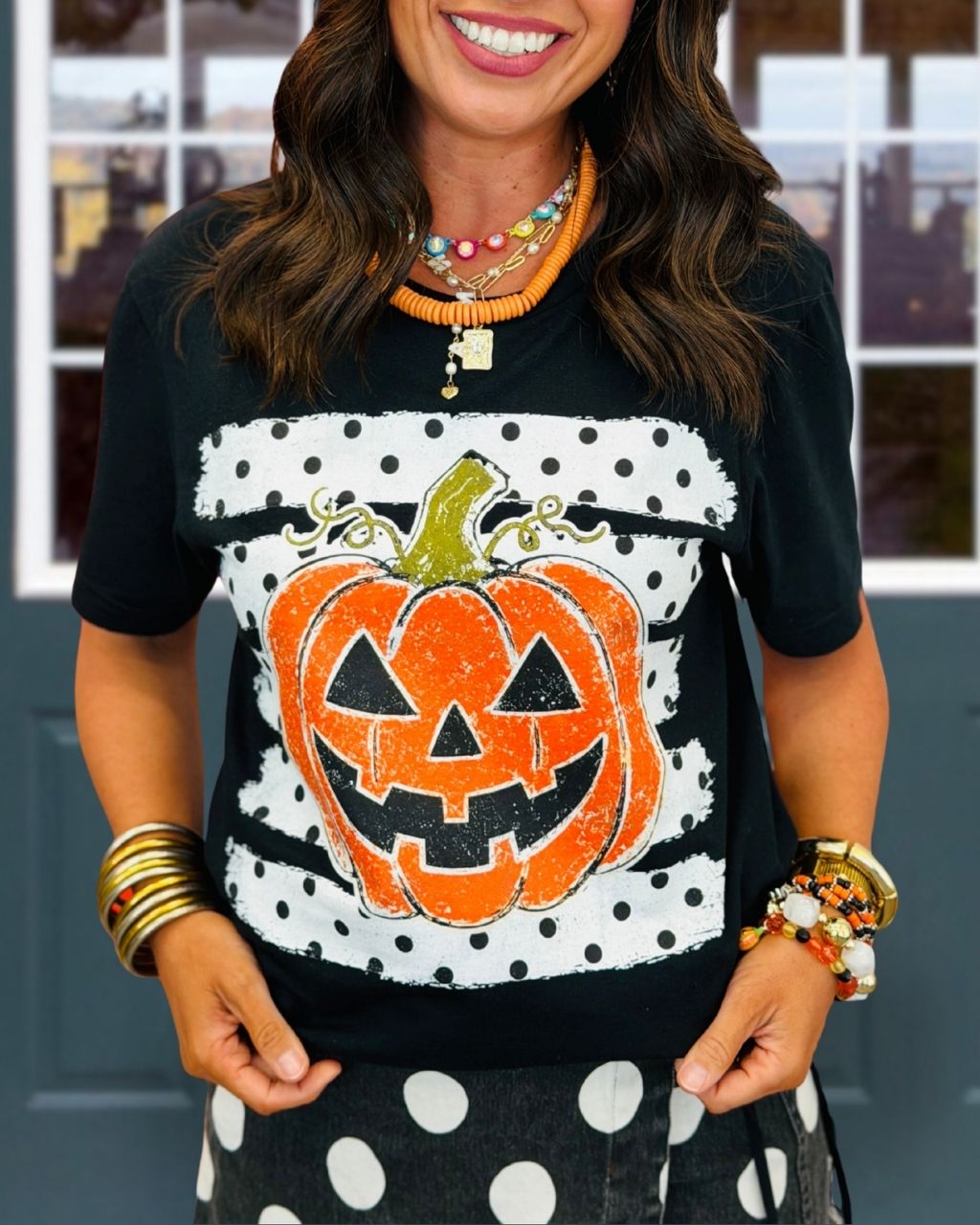 Halloween Polka Dot Pumpkin Lantern Print T-shirt
