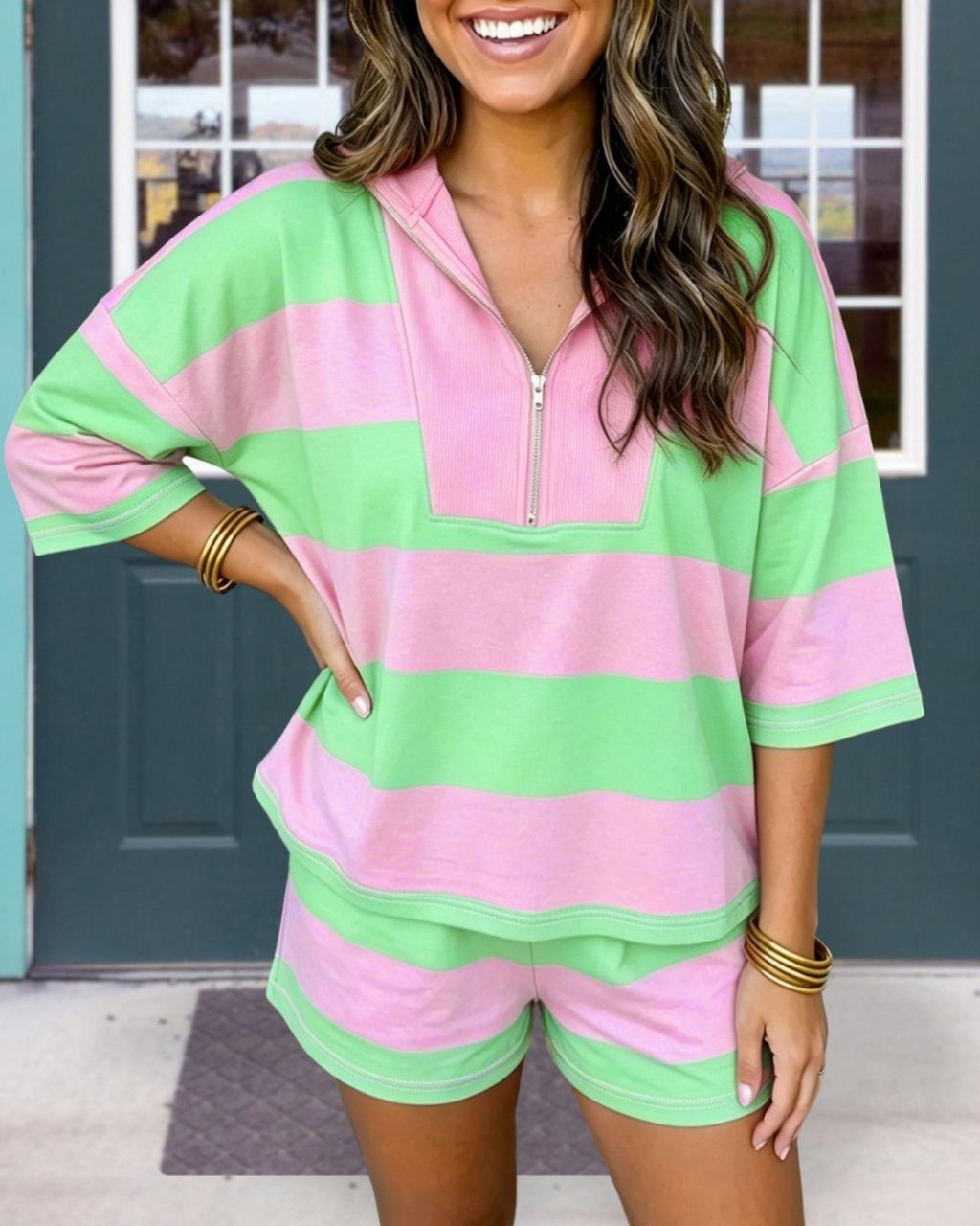 Color-blocked Half-zip Shorts Set