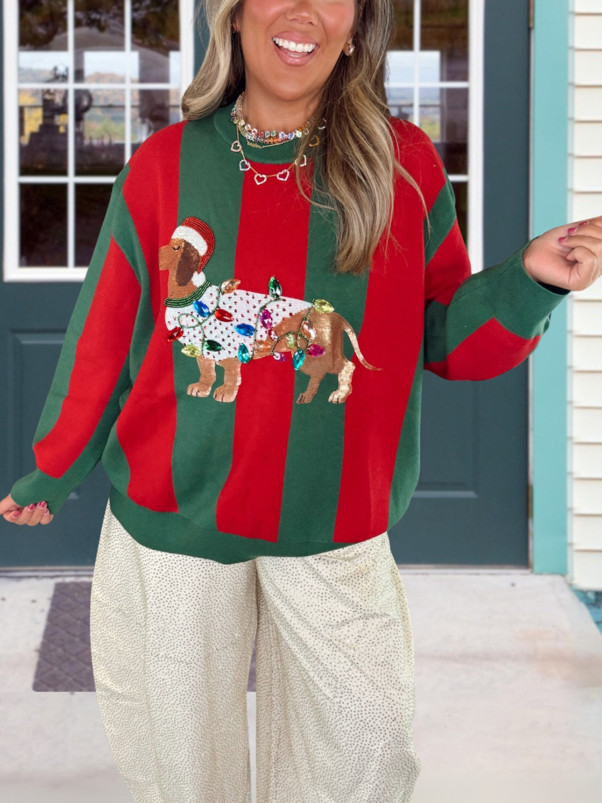 Sequin Striped Dachshund Christmas Pullover