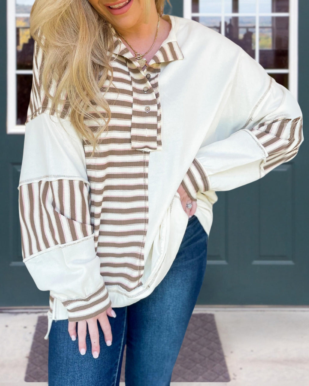 Waffle Striped Patchwork Sweatshirt