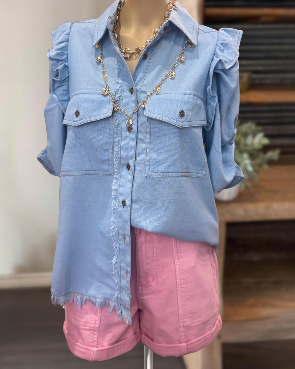 Chic Raw-Edge Denim Shirt