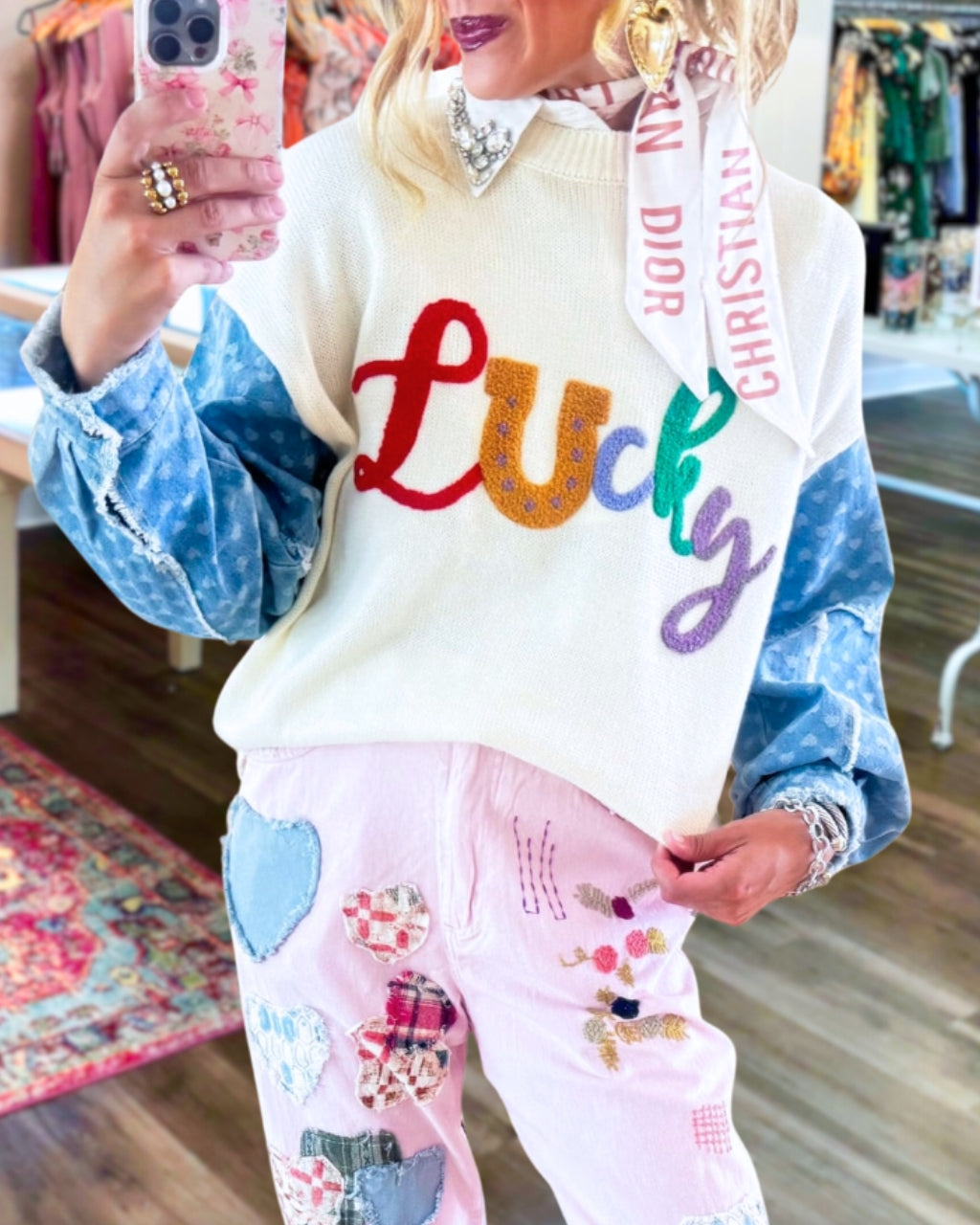 Lucky Towel Embroidery Denim Sleeve Sweatshirt