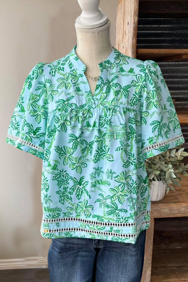 Tropical Botanical V-neck Top