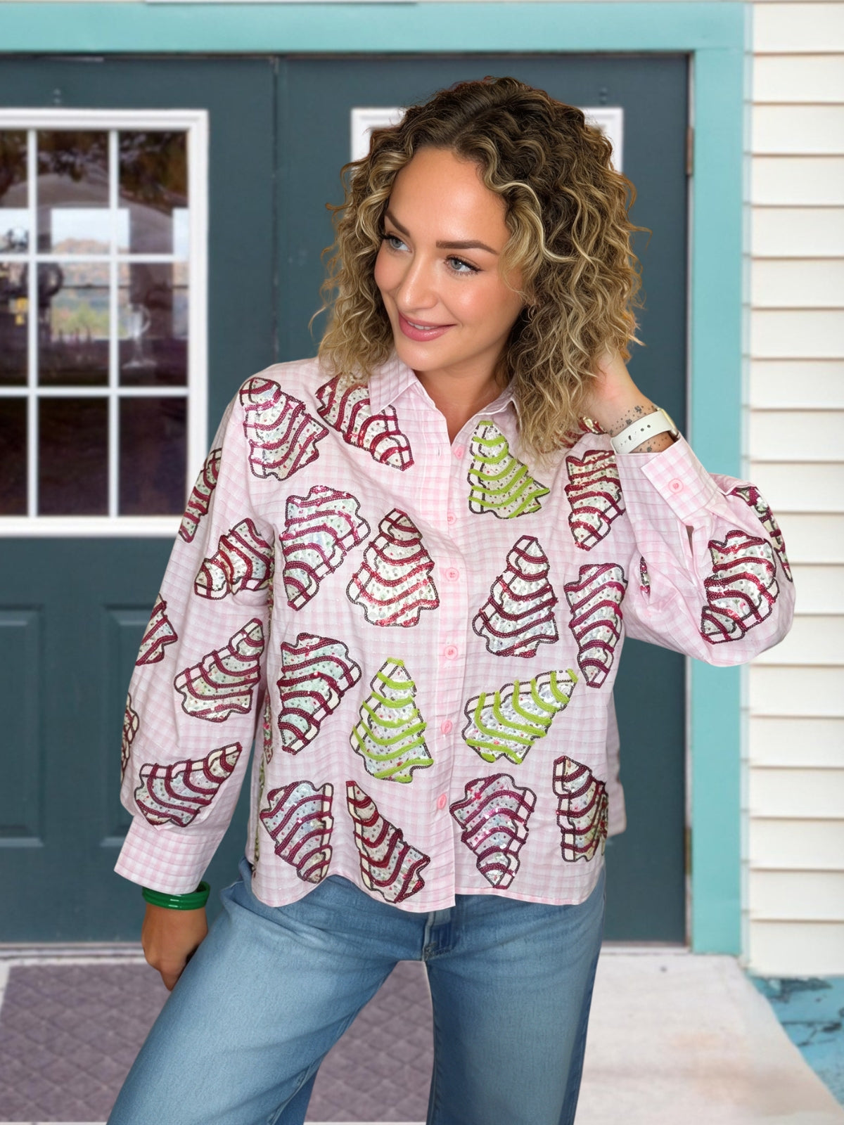 Christmas Tree Cookie Plaid Sequin Shirt
