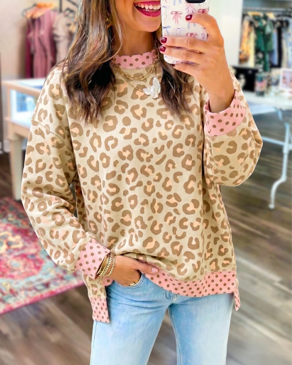 Leopard Polka Dot Trim Sweatshirt
