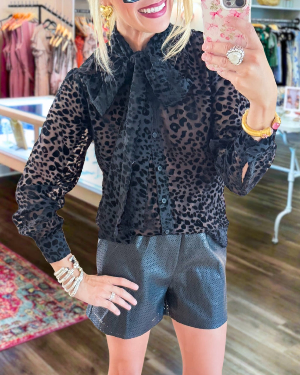 Leopard Chiffon Flocking Button Down Top