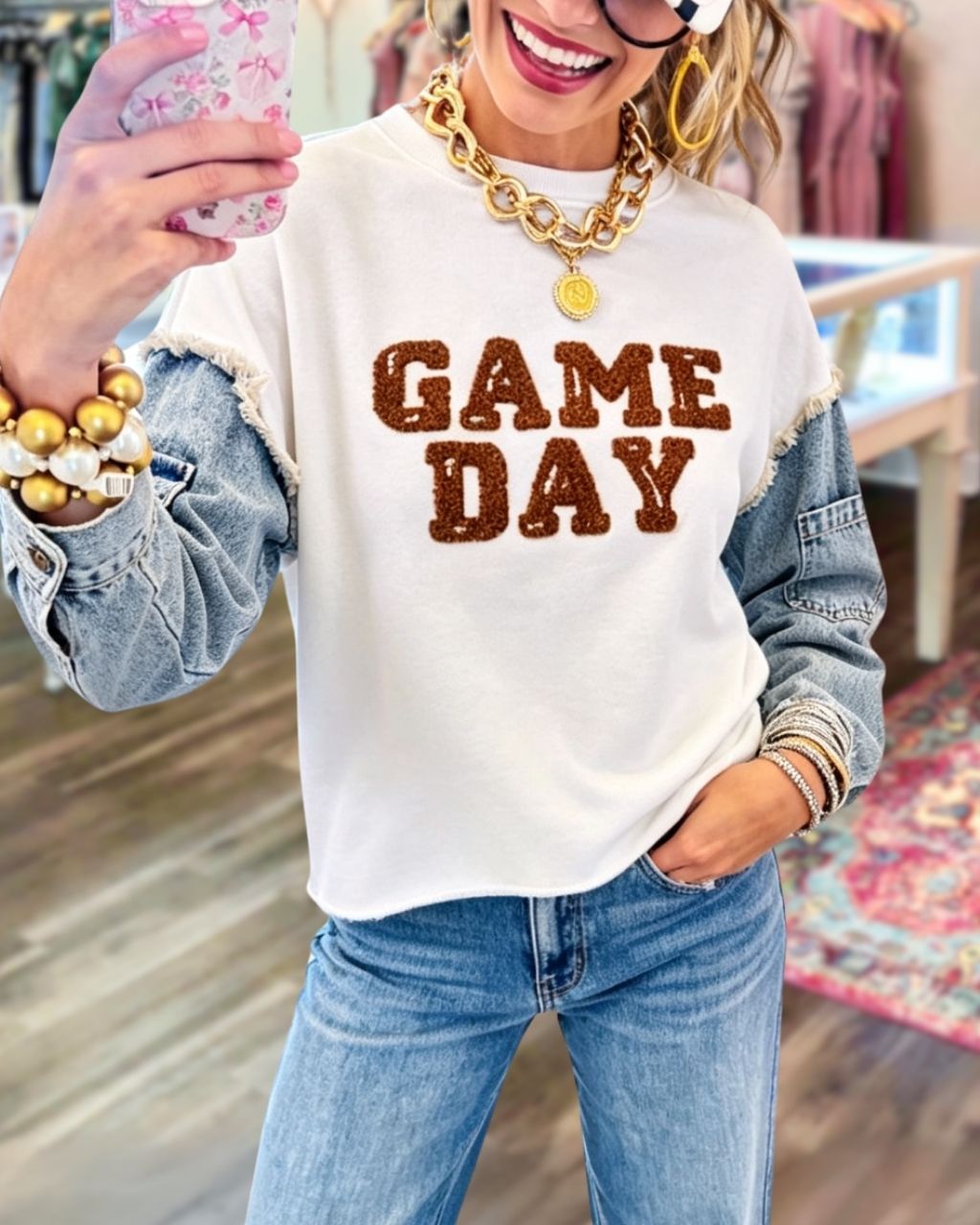 Game Day Embroidered Denim Patchwork Sleeve Pullover