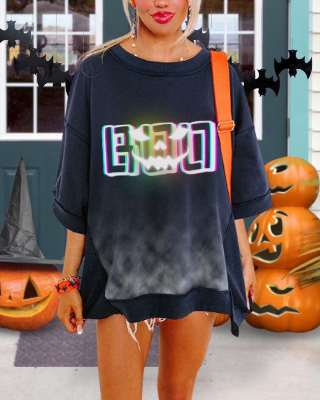 Fun Neon Pumpkin Boo Smoke Halloween Top